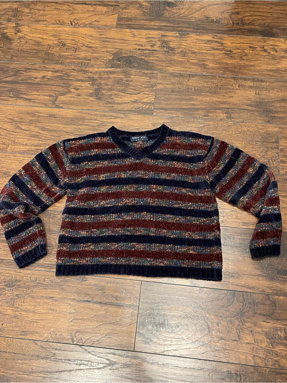 Knitworks Women's Striped V-Neck Sweater in Burgundy and Navy